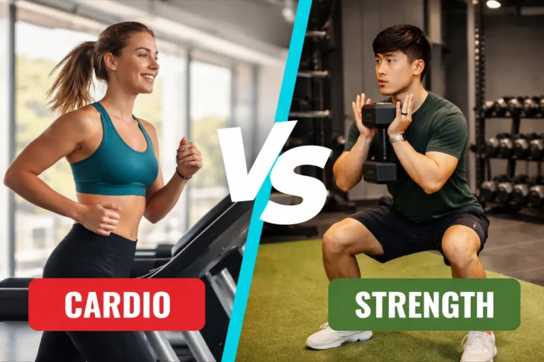 Side-by-side billede af kvinde der løber på løbebånd (cardio) og mand der laver squat med håndvægt (styrketræning) – sammenligning af træningsformer og deres fordele
