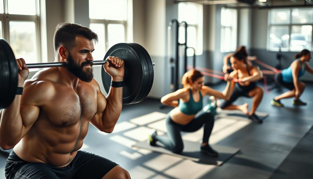A dynamic fitness scene featuring a diverse group of individuals engaged in various fundamental strength training exercises. In the foreground, a muscular man is performing a deadlift with a heavy barbell, showcasing proper form and focus. Beside him, a fit woman is executing a squat with a kettlebell, emphasizing strength and determination. In the middle ground, another person is doing push-ups on a mat, while someone in the background is practicing lunges with resistance bands. The gym is bright and well-lit, with natural sunlight streaming through large windows, casting soft shadows. The atmosphere is energetic and motivating, highlighting hard work and dedication to fitness. The image captures a sense of progression and results-oriented training effort, reflecting a commitment to achieving fitness goals through effective exercises.