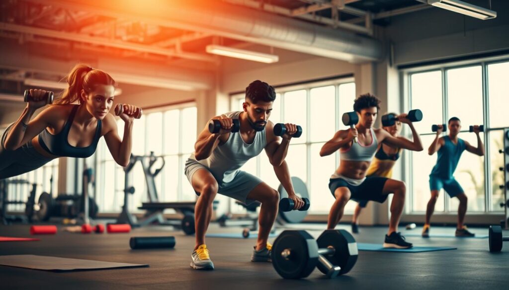 A dynamic scene showcasing various strength training exercises in a modern gym setting. In the foreground, a diverse group of individuals engaged in different workouts: a woman performing push-ups, a man lifting dumbbells, and another person doing squats. The middle ground features gym equipment like benches and barbells, with fitness mats scattered around. The background captures a bright, spacious gym with large windows allowing natural light to stream in, highlighting the energetic atmosphere. The lighting is warm and motivating, creating a sense of focus and determination. The individuals are dressed in professional gym attire, enhancing the depiction of fitness culture. The image conveys strength, diversity, and a commitment to health.