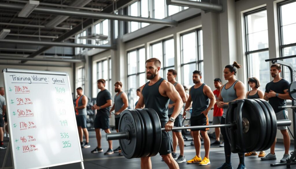 A gym setting with a focus on strength training, featuring a modern, well-equipped weightlifting area. In the foreground, a trainer in professional athletic wear demonstrates proper lifting techniques with a barbell, while a diverse group of individuals follows along, showcasing various workout volumes. The middle ground showcases a whiteboard filled with colorful diagrams and numbers detailing training volume calculations, emphasizing progressive overload principles. In the background, large windows let in natural light, illuminating the space and creating a motivating atmosphere. The image captures a sense of determination and focus, highlighting the importance of training volume in achieving sustained progress in strength training. The composition should have a slight depth of field, keeping the trainer and the whiteboard sharply in focus.