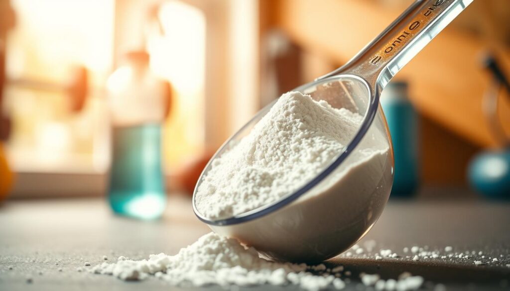 A highly detailed close-up of a measuring scoop filled with creatine monohydrate powder, set against a softly focused background of a home gym. The scoop is made of transparent plastic, catching light to reveal the fine, white powder's texture. Warm, natural lighting illuminates the scene, emphasizing the powder's purity and fine granules. In the background, subtle hints of gym equipment and a water bottle hint at a fitness environment, creating a motivational atmosphere. The angle is slightly above the scoop, allowing a clear view of both the powder and the context of fitness. The overall mood is energetic and encouraging, reflecting a commitment to optimal health and fitness.