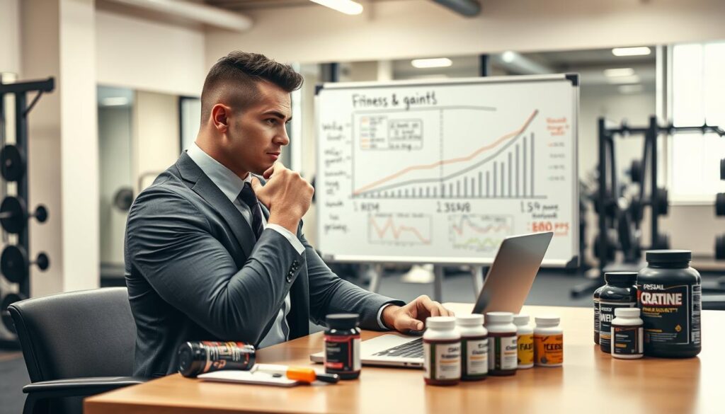 A realistic and informative scene showcasing the concept of weight gain from creatine. In the foreground, a muscular individual in business attire, thoughtfully analyzing a chart depicting weight changes over time due to creatine supplementation. The individual is seated at a sleek desk with a laptop and various fitness supplements arranged neatly beside them. In the middle ground, a whiteboard filled with graphs, diagrams, and notes about creatine's effects on body weight is visible. The background features a gym environment with fitness equipment subtly blurred. The scene is well-lit with a warm atmosphere, suggesting a professional yet approachable mood, captured from a slightly elevated angle to provide depth and focus on the subject.