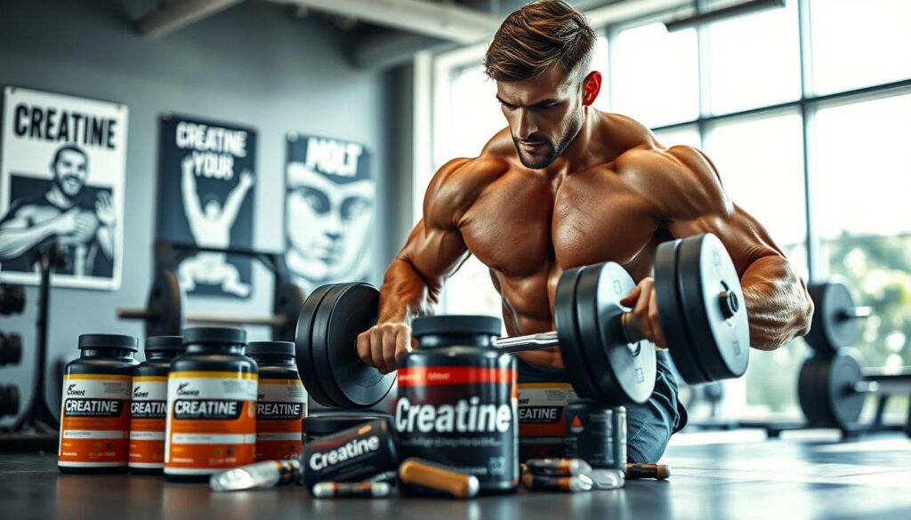 A realistic depiction of a muscular athlete demonstrating the effects of creatine on muscle energy reserves. In the foreground, capture the athlete performing a weightlifting exercise, showcasing defined muscles and a focused expression. In the middle ground, include gym equipment like dumbbells or a barbell, surrounded by supplements labeled "Creatine" to emphasize the theme. The background should feature a bright, modern gym environment with motivational posters and natural light filtering in through large windows, creating an inspiring atmosphere. Use dynamic lighting to highlight the athlete's muscles and convey a sense of energy and determination. The angle should be slightly low to enhance the athlete's stature and strength. The image should evoke a feeling of empowerment and dedication to fitness.