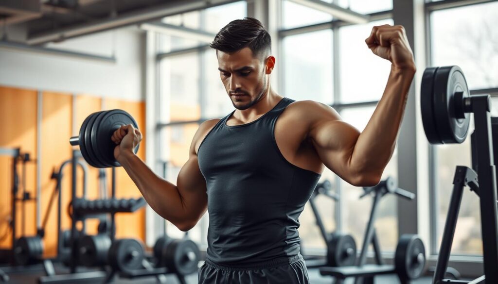 A realistic depiction of a person engaging in a strength training session in a modern gym. In the foreground, a focused male athlete, wearing a fitted athletic tank top and shorts, is lifting weights, showcasing determination and physical effort. In the middle ground, gym equipment and weights are arranged neatly, with a few drops of sweat visible on the athlete's forehead, highlighting the intensity of the workout. The background features a well-lit gym environment with large windows allowing natural light to stream in, creating a warm and motivating atmosphere. The mood is energetic and inspiring, reflecting the effectiveness of creatine during physical training, with a soft focus on the gym's vibrant colors and equipment.