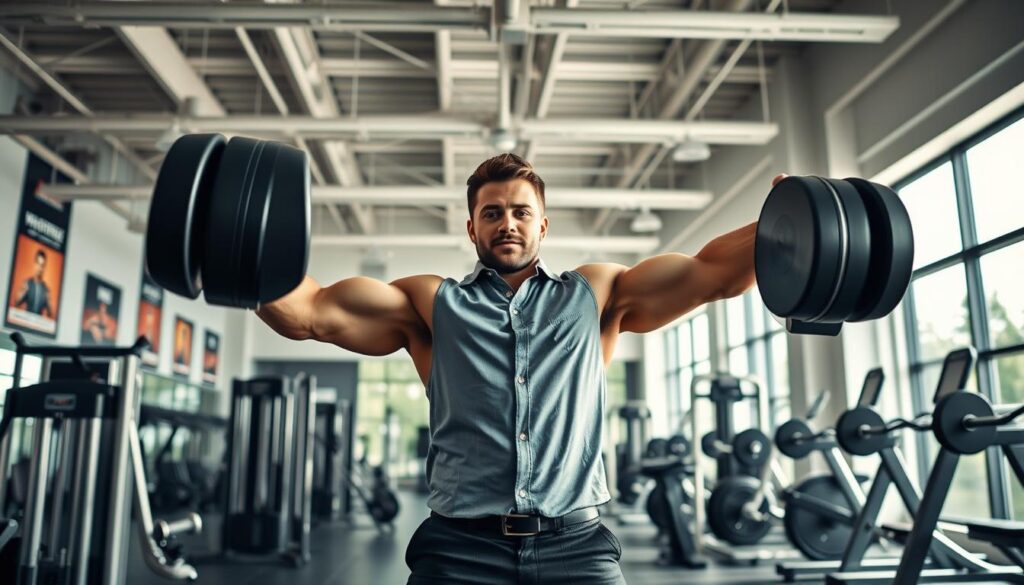 A realistic, dynamic image illustrating a fit individual in a modern gym environment, showcasing muscle mass as a key element of daily calorie burn. In the foreground, a confident person in professional casual attire is lifting weights, emphasizing strength and muscular definition. In the middle, gym equipment is well-lit and organized, enhancing the focus on fitness. The background features a bright, airy space with large windows letting in natural light, and motivational posters on the walls. The atmosphere is energetic and inspiring, capturing the essence of strength training. Use soft shadows and highlights to create depth, and ensure the perspective is slightly low-angle to emphasize the individual's determination and power. The overall mood radiates motivation and the pursuit of fitness goals.