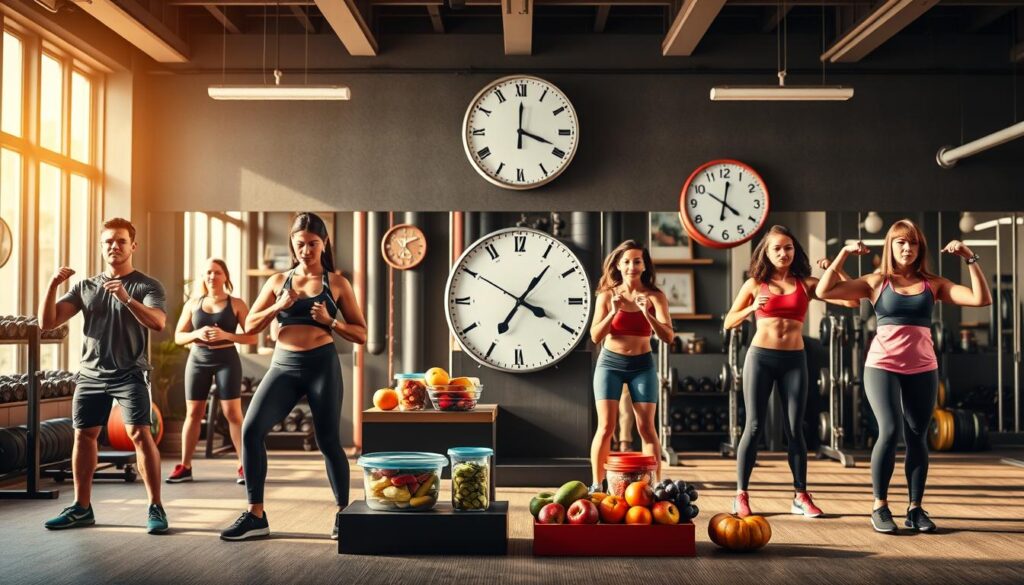 A realistic illustration depicting four key factors affecting strength training results. In the foreground, show a diverse group of individuals in professional fitness attire, demonstrating various exercise techniques, emphasizing form and technique. In the middle ground, include visual elements representing nutrition, like colorful fruits and meal prep containers, along with a clock symbolizing time management. In the background, portray a gym setting with weights and exercise equipment bathed in warm, natural lighting, creating a motivational atmosphere. Use a focused lens to highlight the subjects, while softening the background for a depth-of-field effect. The overall mood should be energetic and uplifting, reflecting the dedication and hard work involved in achieving strength training results.