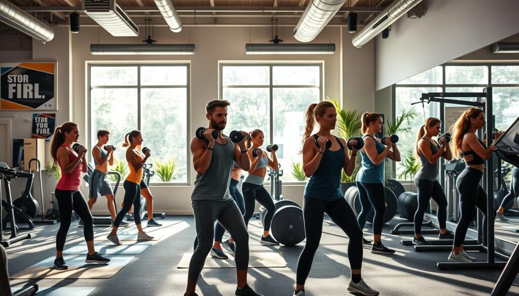 A realistic image illustrating the key factors influencing calorie expenditure during strength training. In the foreground, a diverse group of individuals in modest active wear are engaged in various strength training exercises, such as weightlifting with dumbbells, performing squats, and using resistance machines, showcasing determination and focus. The middle ground features a well-equipped gym with gym mats, weights, and training gear, bathed in natural daylight streaming through large windows, creating a bright and motivating atmosphere. The background should incorporate motivational gym posters, a mirror reflecting the training environment, and subtle greenery for a refreshing ambiance. The overall mood is energetic and inspiring, capturing the dedication needed for effective strength training and its impact on calorie burning.