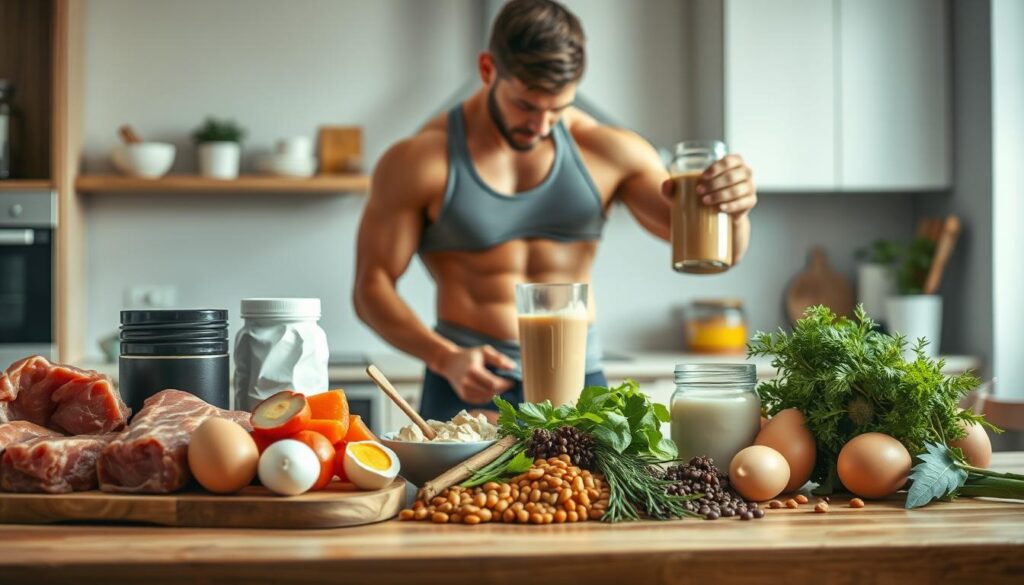 A realistic image showcasing the concept of protein and nutrition for muscle building. In the foreground, an assortment of healthy foods essential for muscle growth, such as lean meats, eggs, beans, and protein supplements, artfully arranged on a wooden table. In the middle ground, a well-built athletic person in modest casual clothing, focused on preparing a nutritious meal, blending a smoothie with visible protein powder. The background features a modern kitchen with soft, natural lighting filtering in through a window, creating a warm and inviting atmosphere. The overall mood conveys motivation and dedication to healthy eating, emphasizing the importance of proper nutrition in strength training and muscle development.