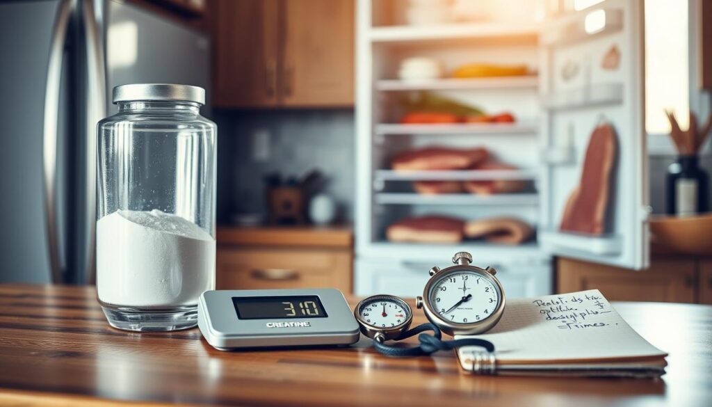 A realistic kitchen scene focused on creatine dosage and timing. In the foreground, a clear glass container filled with creatine powder sits on a wooden countertop, accompanied by a modern digital scale displaying a precise measurement of grams. Beside it, a stopwatch emphasizes the timing aspect, set to a countdown, surrounded by a small notebook with handwritten notes on optimal dosing times. The middle ground features an open refrigerator with fresh meat cuts visible to symbolize creatine sources. In the background, soft natural light filters through a window, creating a warm and inviting atmosphere. The overall composition should convey an informative, professional mood, suitable for an educational article about creatine supplementation.