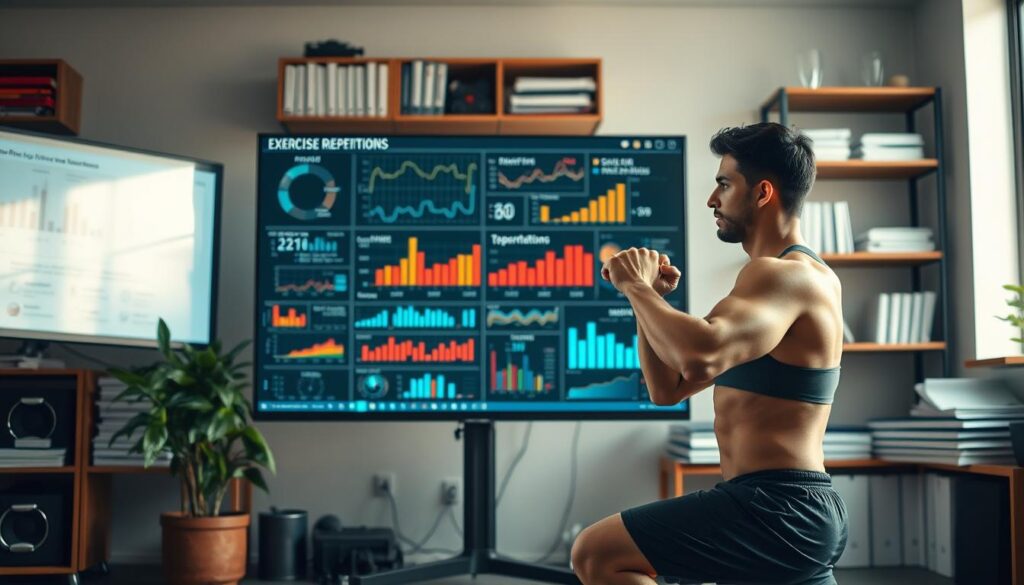 A scientific workspace featuring a researcher deeply focused on the study of exercise repetitions in strength training. In the foreground, a fit individual dressed in professional athletic gear is performing a squat, showcasing proper form and technique. The middle ground displays a large screen with visual data analytics, charts, and graphs illustrating various exercise repetitions and their effects on muscle growth. The background features shelves lined with fitness books and research papers, along with a potted plant to add a touch of liveliness to the scene. Soft natural light filters through a large window, casting a warm glow on the workspace, creating an atmosphere of focused inquiry and dedication to understanding the science behind exercise repetitions.