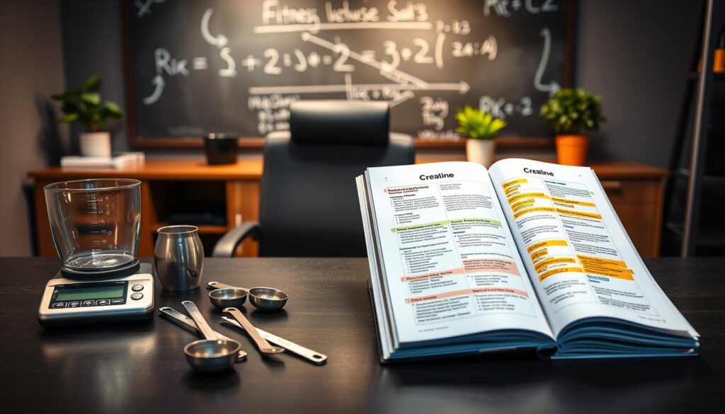 A well-organized workspace featuring a scientific approach to determining the correct dosage of creatine. In the foreground, a sleek, modern desk holds a digital scale, measuring spoons, and a detailed nutritional handbook opened to a page on supplement dosing. The middle ground showcases a vibrant fitness planner with highlighted notes on creatine usage. In the background, a chalkboard displays a mathematical formula for dosage calculation, illuminated by soft, warm lighting. An ergonomic chair complements the desk, while a potted plant adds a touch of life. The atmosphere is focused and motivational, embodying a blend of productivity and health-consciousness. The image is presented in a realistic style, capturing depth and clarity without any text or distractions.